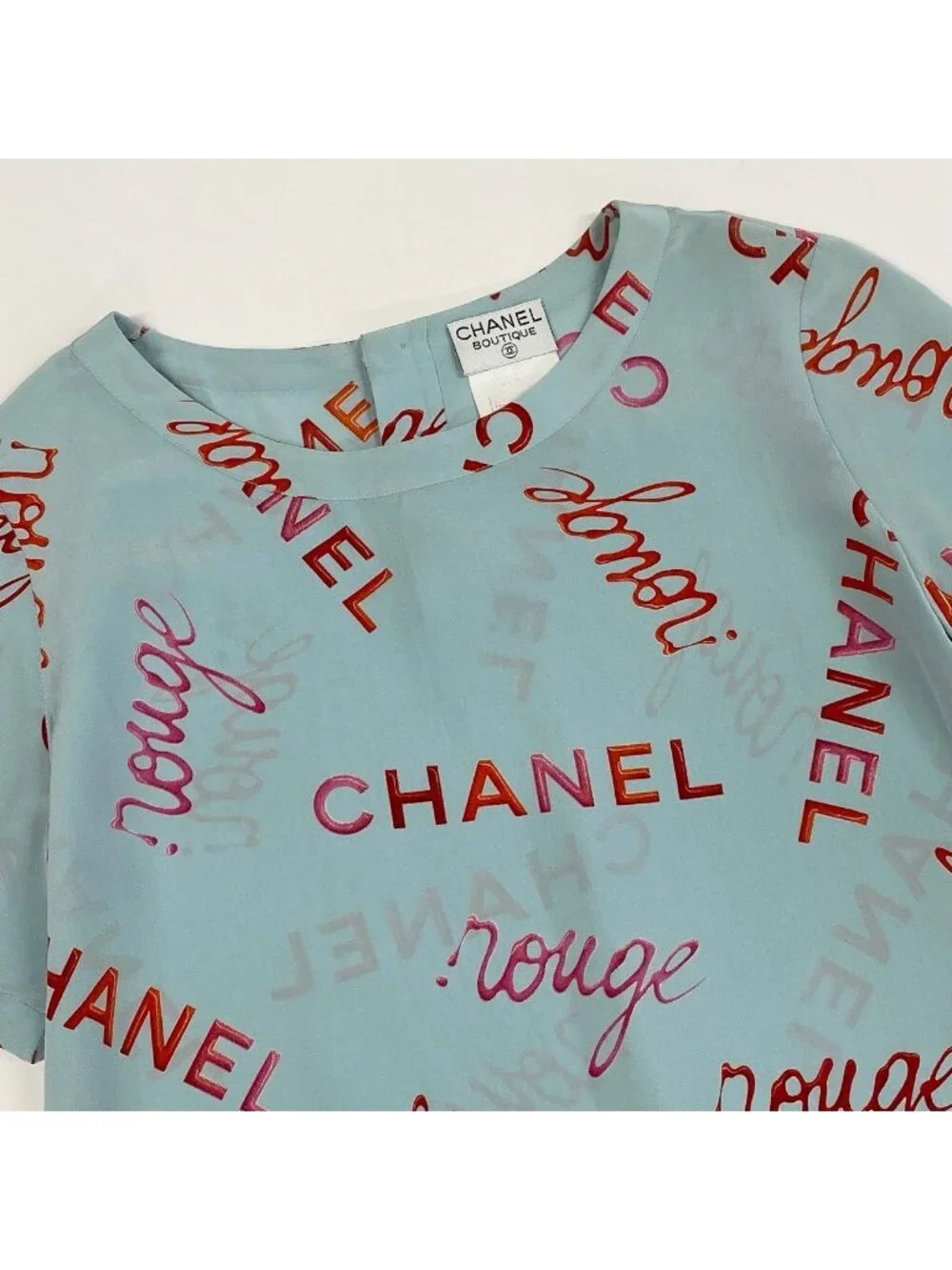 Chanel Vintage Logo Print Silk Blouse Short Sleeve 36 Blue Top